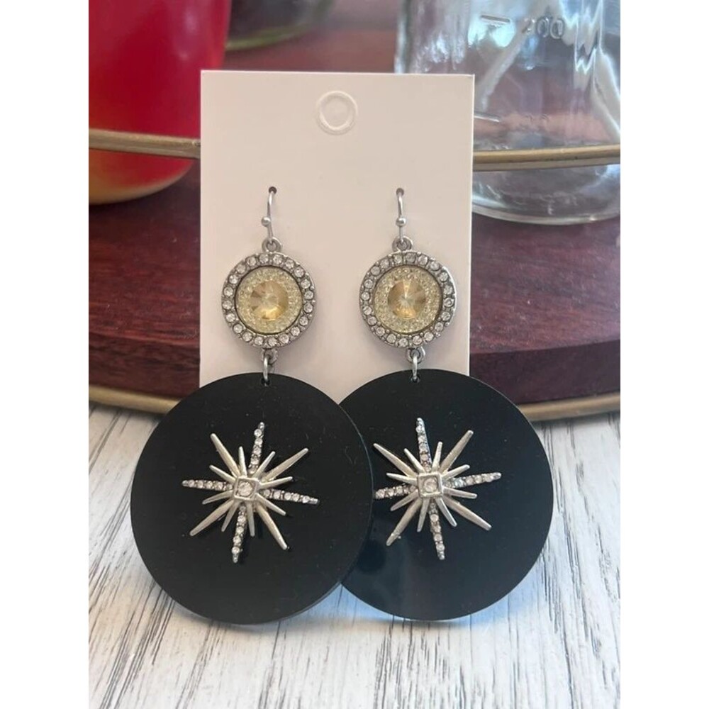 Art Deco black disc drop earrings rhinestone starburst crystal-accent